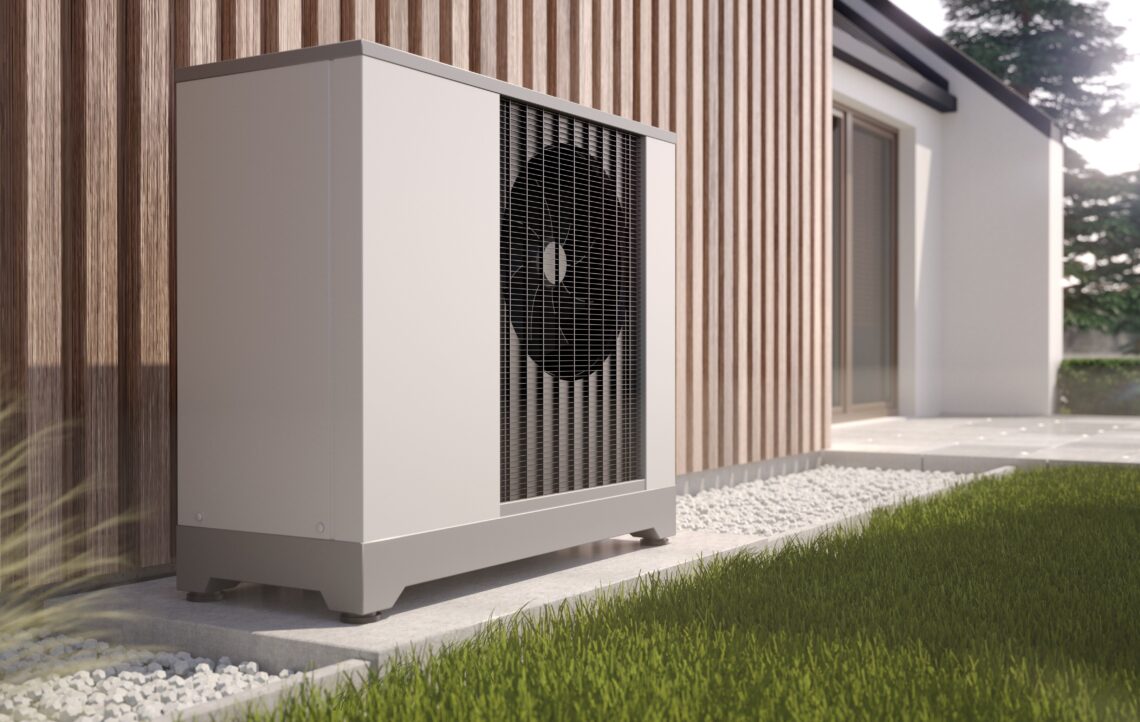 Luftwärmepumpe neben Haus, 3D-Illustration